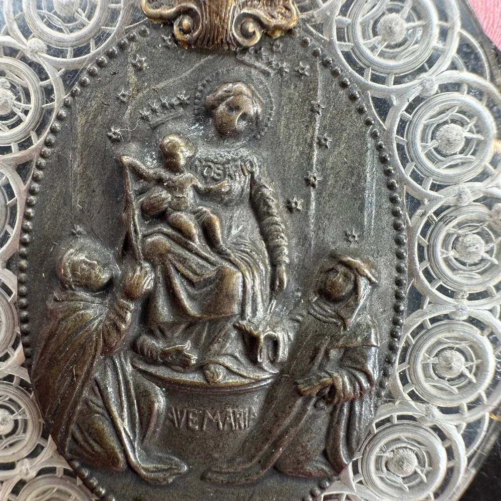 VTG 2 Handmade Religious Brooch/Necklace Ave‎ Maria Madonna Child Cross Filigree